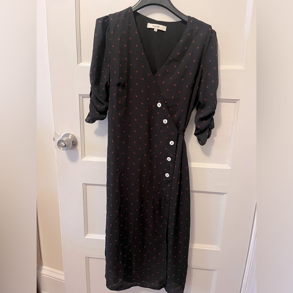 Wrap midi dress with button detailing, black, Simple Retro